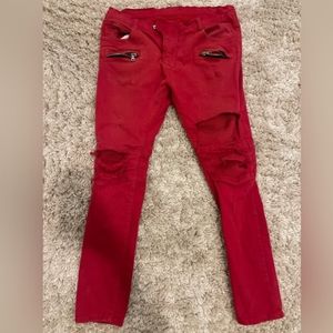 Balmain red destroyed biker jean